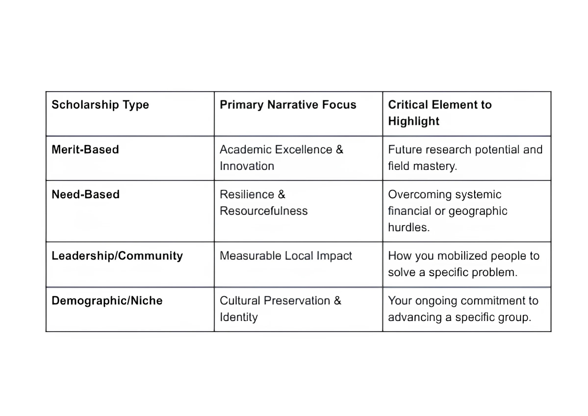 Infographic chart mapping out merit-based, need-based, leadership, and niche scholarships alongside their primary narrative focuses and critical elements to highlight.