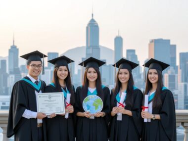 A diverse group of international students smiling with books and a world map, with text "Best Countries for Scholarships 2025."