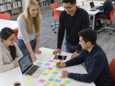 Four students collaborating around a table with laptops, colorful sticky notes, and coffee in a library, symbolizing the integration of scholarships and student jobs abroad.