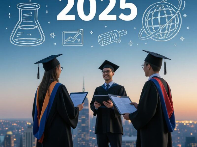 Three graduates in academic regalia holding certificates stand on a rooftop overlooking a city skyline at sunset, with icons of education, research, and global connectivity above them, promoting Graduate Scholarships and Research Funding 2025.
