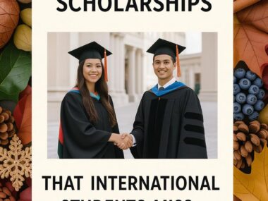 A poster featuring two graduates in caps and gowns shaking hands, with text "Little-Known Scholarships That International Students Miss," surrounded by autumn leaves, pinecones, and berries.