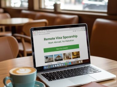 A person working on a laptop in a cozy home office, with a passport and globe nearby, and text "Remote Visa Sponsorship Jobs, No Relocation."