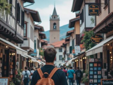 A person with a backpack walking down a picturesque cobblestone street lined with charming buildings, shops, and a distant church steeple, symbolizing a journey or study abroad experience.