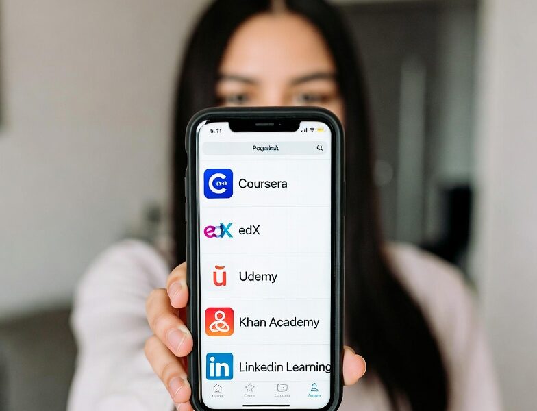 Young student holding up a smartphone showing the apps of top online learning platforms: Coursera, edX, Udemy, Khan Academy, and LinkedIn Learning.