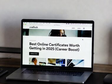 Person researching the best online certificates worth getting in 2025 on a MacBook laptop at home desk
