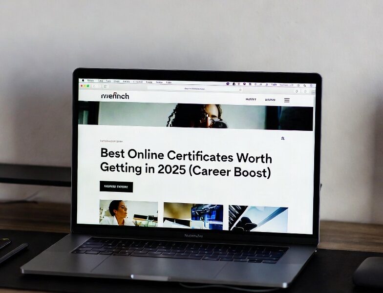 Person researching the best online certificates worth getting in 2025 on a MacBook laptop at home desk