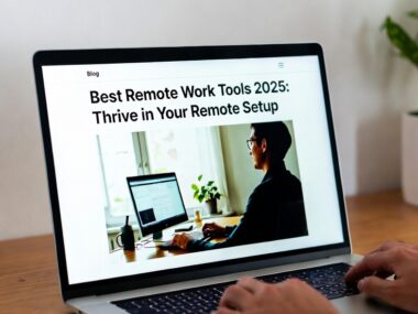 Person working on laptop researching best remote work tools 2025 for productive home office setup