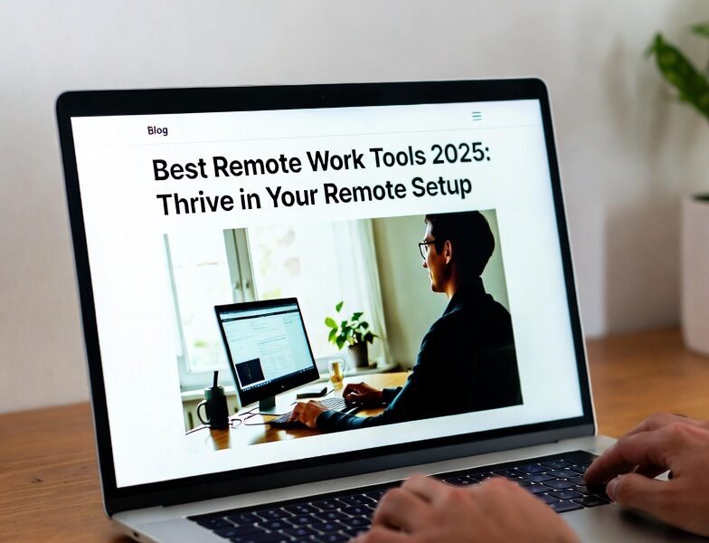 Person working on laptop researching best remote work tools 2025 for productive home office setup