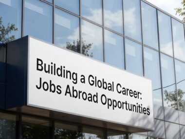 Modern glass office building with sign "Building a Global Career: Jobs Abroad Opportunities"