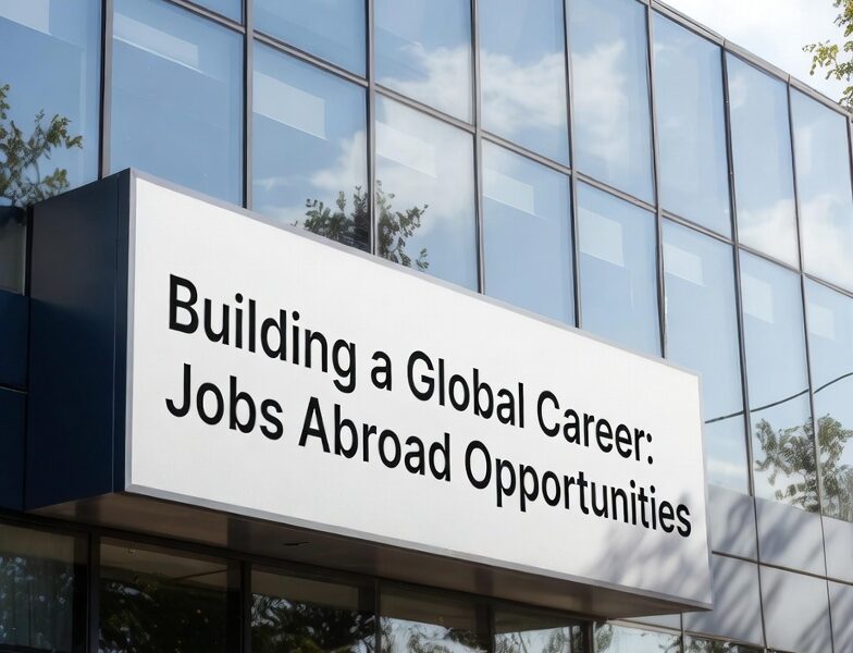 Modern glass office building with sign "Building a Global Career: Jobs Abroad Opportunities"