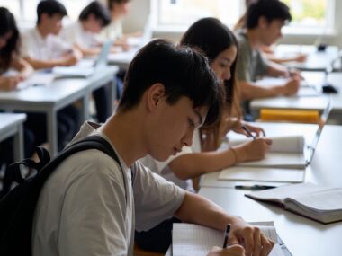 Students in a bright classroom practicing effective study habits by focusing deeply on their notes during a quiet study session.