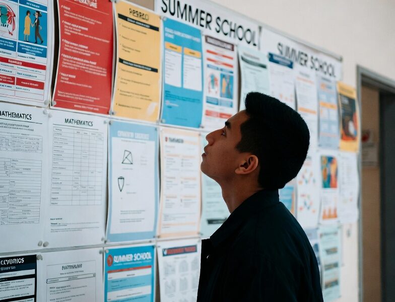 A thoughtful young student stands in front of a wall covered with colorful course posters and summer school flyers, carefully reading each one while deciding his future path.