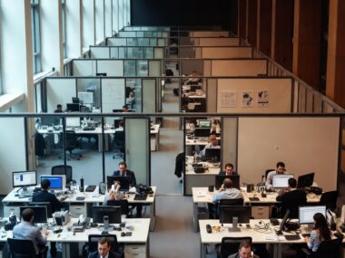 Traditional open-plan office with rows of desks and employees working in person – the exact environment many are leaving behind in 2026 when they transition from office to fully remote work.