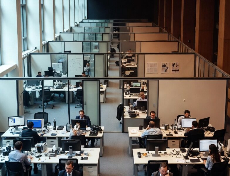 Traditional open-plan office with rows of desks and employees working in person – the exact environment many are leaving behind in 2026 when they transition from office to fully remote work.