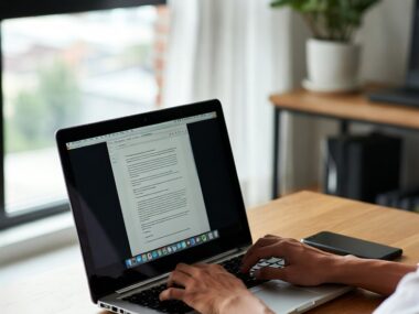 Digital nomad typing on MacBook at a bright wooden desk with city view, practicing remote work productivity hacks in 2025.