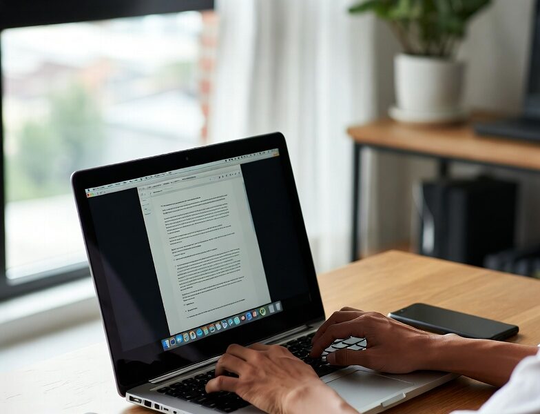 Digital nomad typing on MacBook at a bright wooden desk with city view, practicing remote work productivity hacks in 2025.