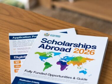 Stack of colorful guidebooks titled "Scholarships Abroad 2026: Fully Funded Opportunities & Guide" on a wooden desk with world map design.