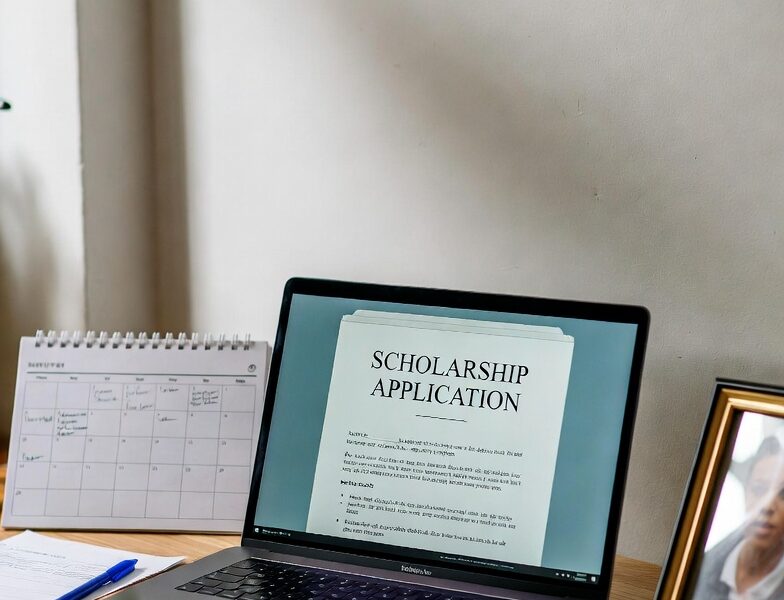Student preparing scholarship applications on laptop with calendar open for scholarship deadlines 2025–2026, organized workspace with notes and planner