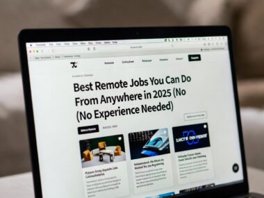 A MacBook on a desk displays an open browser tab with the headline “Best Remote Jobs You Can Do From Anywhere in 2025 (No Experience Needed)” on a clean white webpage. The screen shows article previews and thumbnails of various job-related images. Natural daylight comes through a window in the background, creating a calm and productive home-office atmosphere.