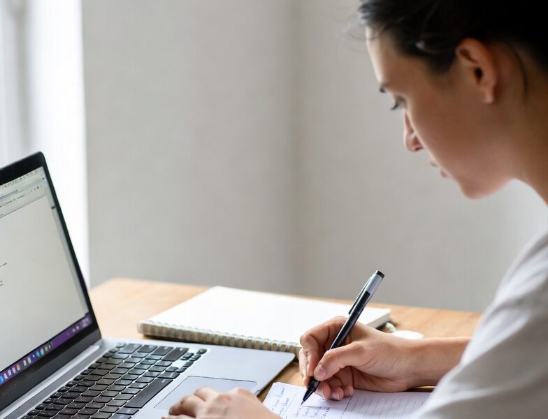 Young woman writing notes by hand while drafting her scholarship essay on laptop, focused and organized.