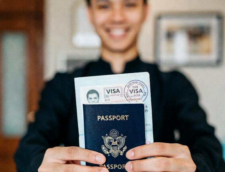 Happy African student proudly holding open passport with approved US student visa stamp, celebrating study abroad success 2025