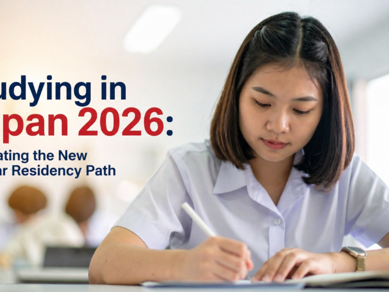 A female international student studying at a desk in a Japanese classroom, illustrating the experience of studying in Japan 2026 and navigating the new 10-year residency path.