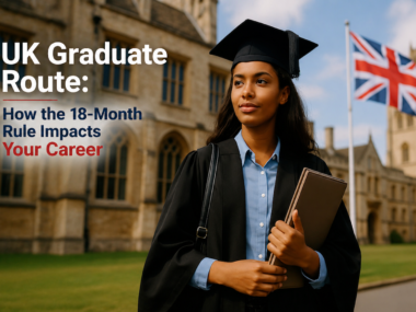 International student in graduation gown standing in front of a UK university with the British flag, representing the UK Graduate Route and the new 18-month post-study work visa rule.
