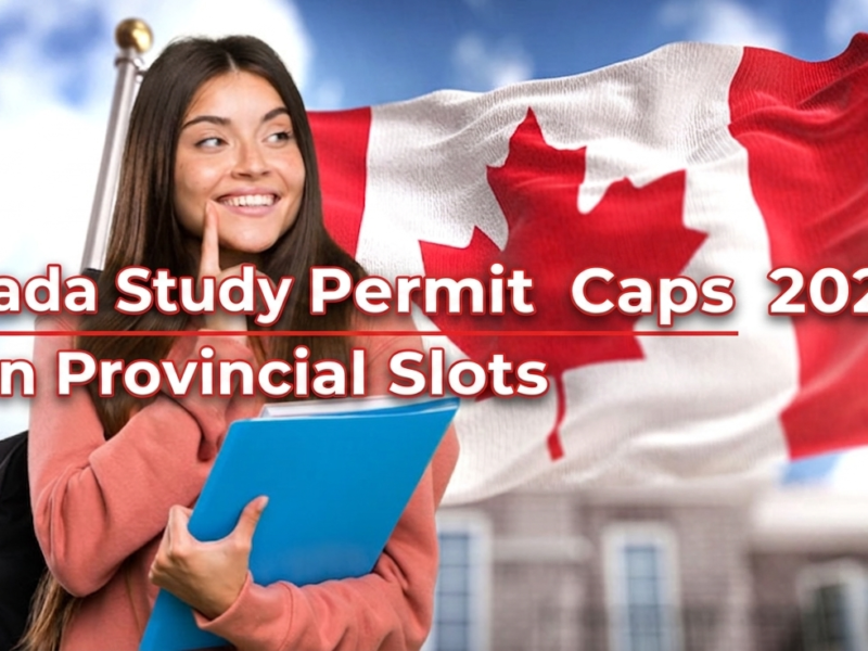 Smiling international student holding study materials in front of a Canadian flag and university campus, highlighting the Canada study permit caps 2026 and newly announced open provincial slots for the academic year.