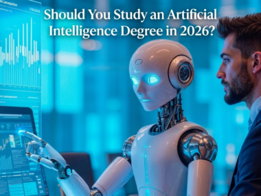 A photo of a white, smooth robot pointing at a computer screen displaying charts and graphs, while a man in a business suit stands next to it, also looking at the screen. The background features glowing blue data visualizations. Large white text overlays the top: "Should You Study an Artificial Intelligence Degree in 2026?"