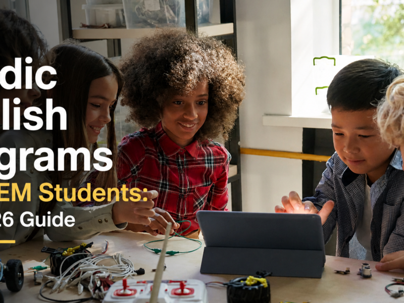 Diverse group of children collaborating on a robotics project using a tablet, illustrating the hands-on nature of Nordic English Programs.