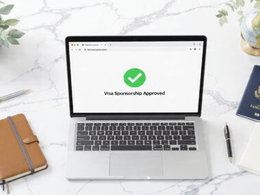 Laptop displaying a visa sponsorship approval message beside a passport and travel essentials, representing how to find employers that sponsor work visas abroad in 2026.