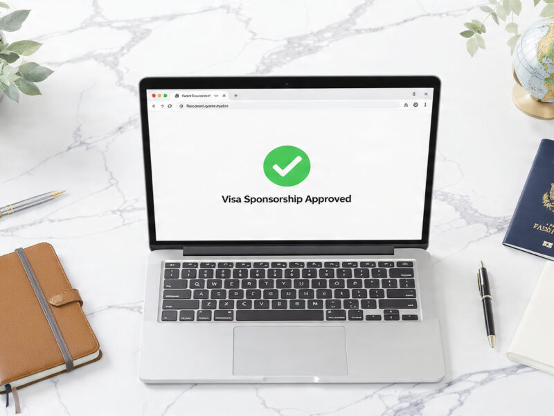 Laptop displaying a visa sponsorship approval message beside a passport and travel essentials, representing how to find employers that sponsor work visas abroad in 2026.