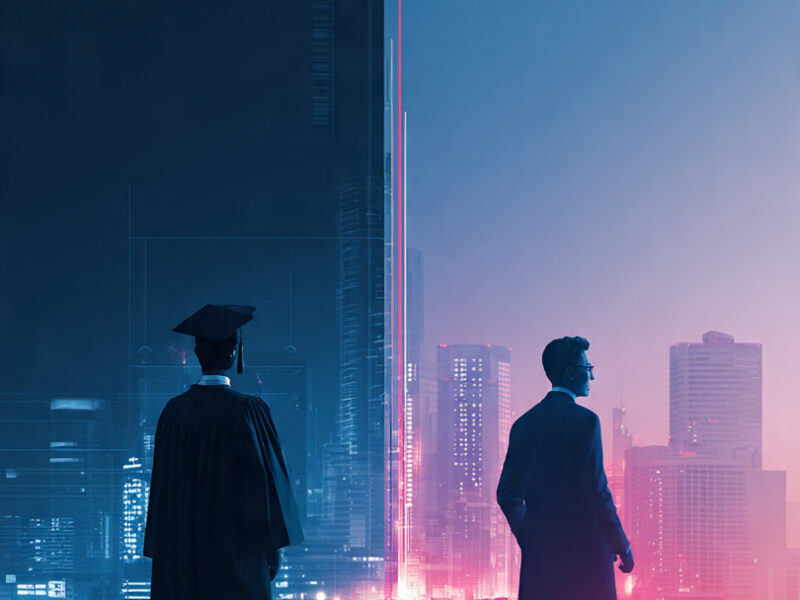 Illustration of a graduate transitioning into a professional in a modern Japanese city, representing Japan Student Residency 2026 and the path from education to residency.