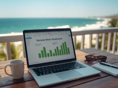 Laptop on a balcony with a beach view, representing the best remote jobs you can do from anywhere.