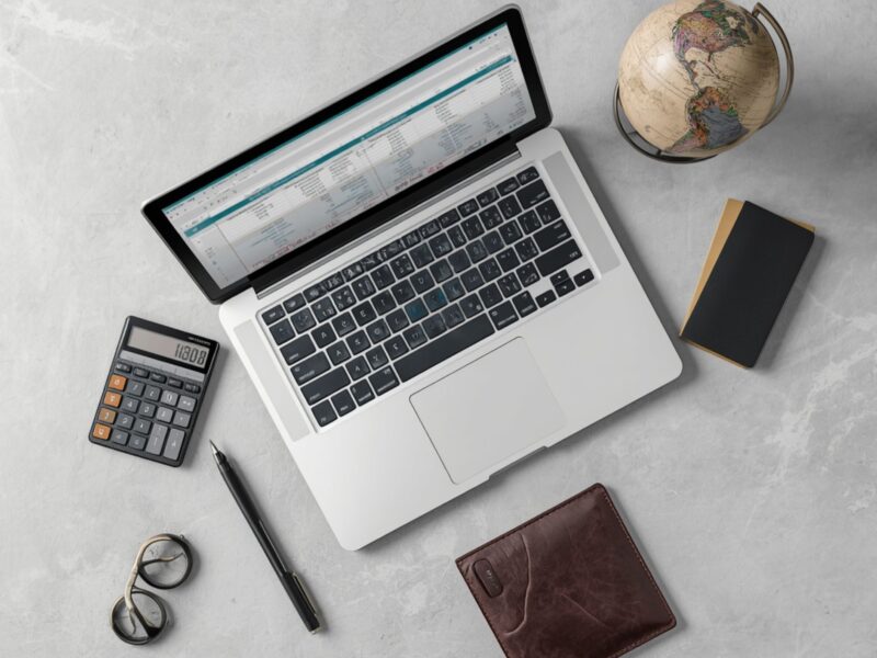 A professional laptop displaying international cost-of-living calculations alongside a passport and a wallet on a modern desk.
