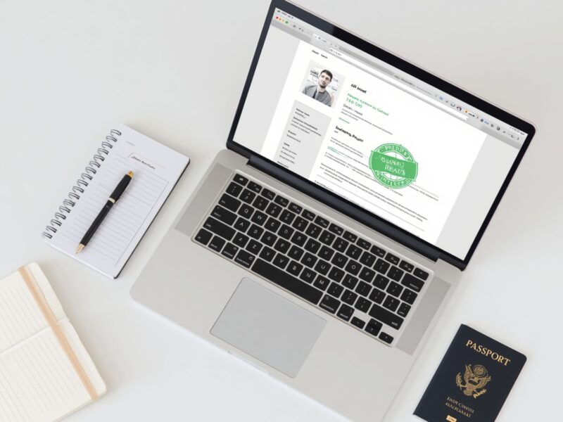 A professional laptop displaying an international resume template alongside a passport and an airline boarding pass on a clean desk.
