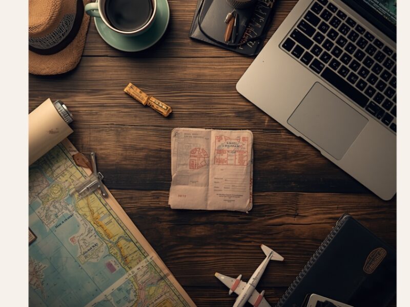Flat lay of a passport, map, and laptop representing how to get a job overseas with no experience.