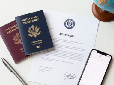 An international passport alongside a university acceptance letter and travel items on a clean workspace representing study abroad visas for African students.