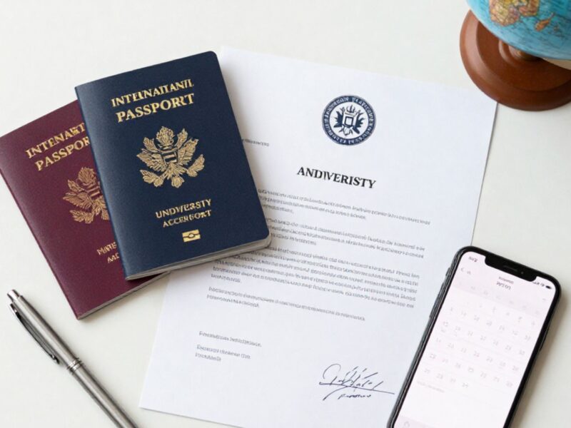 An international passport alongside a university acceptance letter and travel items on a clean workspace representing study abroad visas for African students.