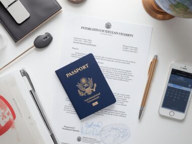 An international passport alongside a university acceptance letter and travel items on a clean workspace representing study abroad visas for African students.