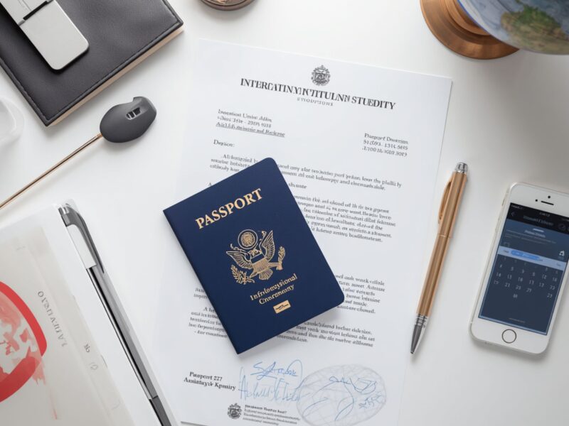 An international passport alongside a university acceptance letter and travel items on a clean workspace representing study abroad visas for African students.