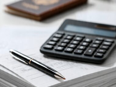 Financial documents, a calculator, and a passport on a desk, representing the abroad visa financial requirements for studying abroad in 2026.