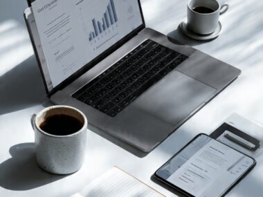 A modern workspace with a laptop, smartphone, notebook, and coffee, representing the best online certificates for career advancement.