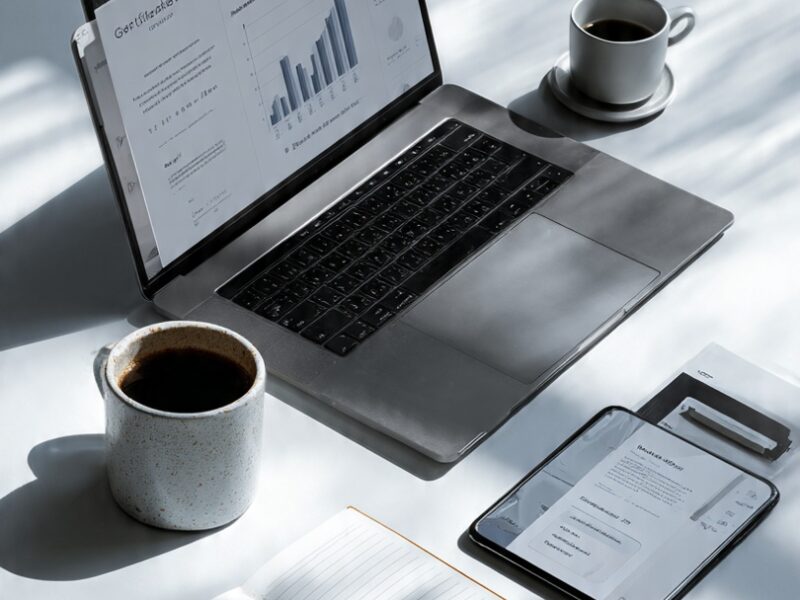 A modern workspace with a laptop, smartphone, notebook, and coffee, representing the best online certificates for career advancement.