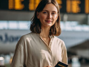 A professional traveler holding a passport at an airport terminal, preparing to get overseas jobs in 2026.
