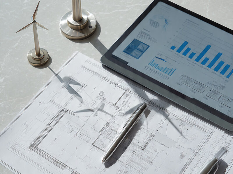 Engineering plans, wind turbine models, and a tablet displaying energy data, representing renewable energy degrees and careers in clean energy.