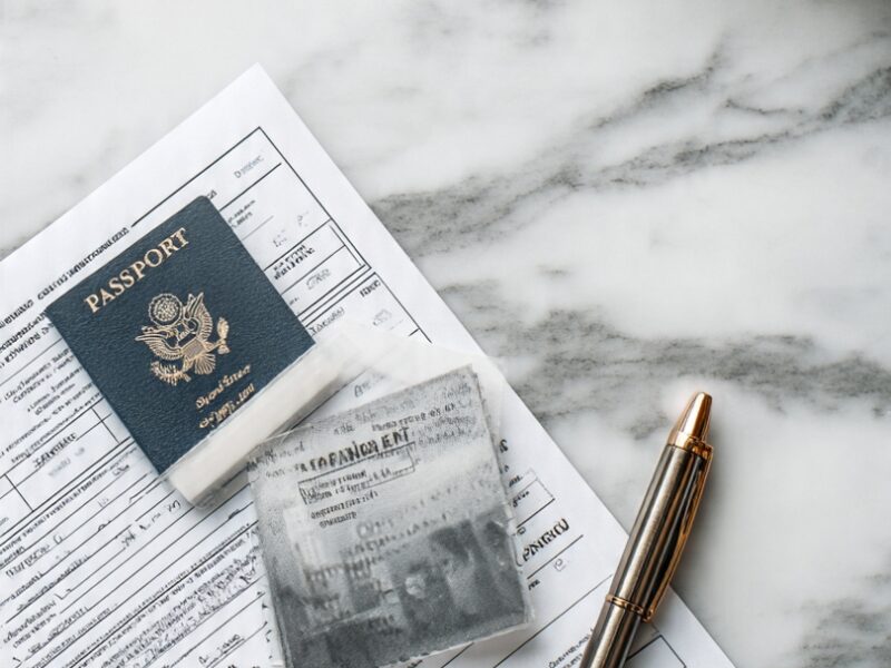 A passport, passport application form, identification document, and pen on a desk, representing the process of applying for a passport in 2026.