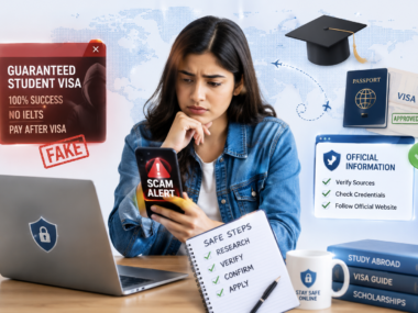Student reviewing suspicious visa offers on a smartphone while learning how to avoid student visa scams through official verification and secure application practices.