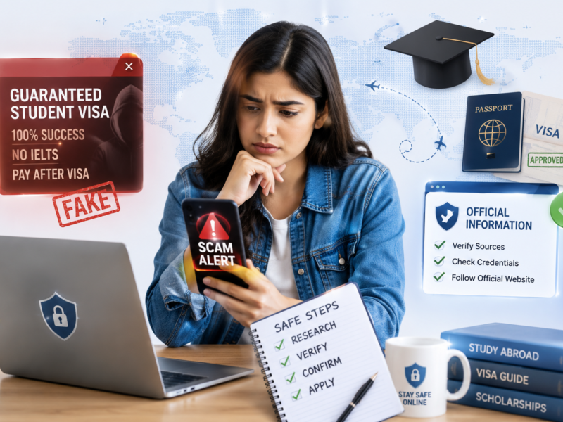 Student reviewing suspicious visa offers on a smartphone while learning how to avoid student visa scams through official verification and secure application practices.