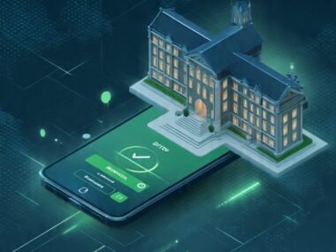 A smartphone displaying a digital payment interface with a university building, representing international tuition payments using Wise.